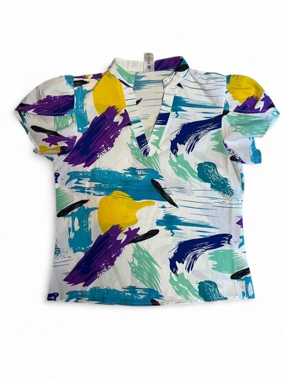 Abstract Brushstroke V-Neck Short Sleeve Top in White, Teal & Purple